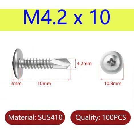 Vis Autotaraudeuses, 100 Pièces Vis à Tôle Autoperceuses, Vis en Acier Inoxydable, Fixation Tôle Bardage Métallique Chéneaux, M4.2 x 10 MM