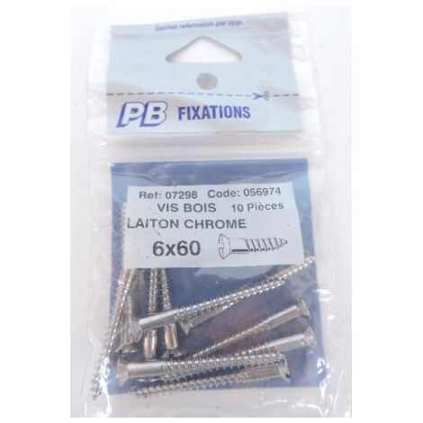 Vis bois à tête fraisée bombée Ø 6X60mm (sachet de 10) laiton chromé PB FIXATIONS 056974