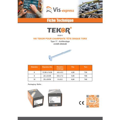 Vis bois TEKOR Tête disque TORX T40 Pointe antifendage type 17 8X340 Filetage partiel Acier zingué