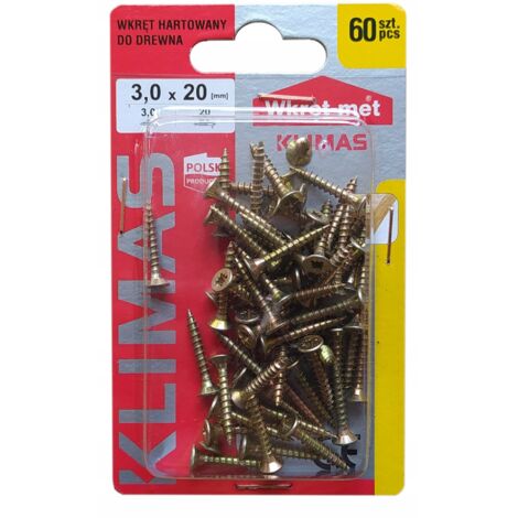 Vis Bois Trempées Klimas, 3 x 20 mm, Tête Fraisée PZ1, Zinguées, Blister 60 Pièces