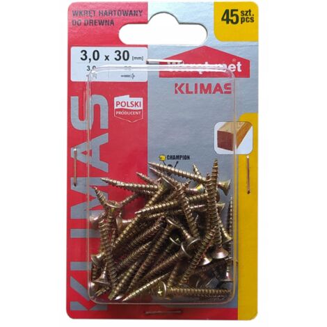 Vis Bois Trempées Klimas, 3 x 30 mm, Tête Fraisée PZ1, Zinguées, Blister 45 Pièces