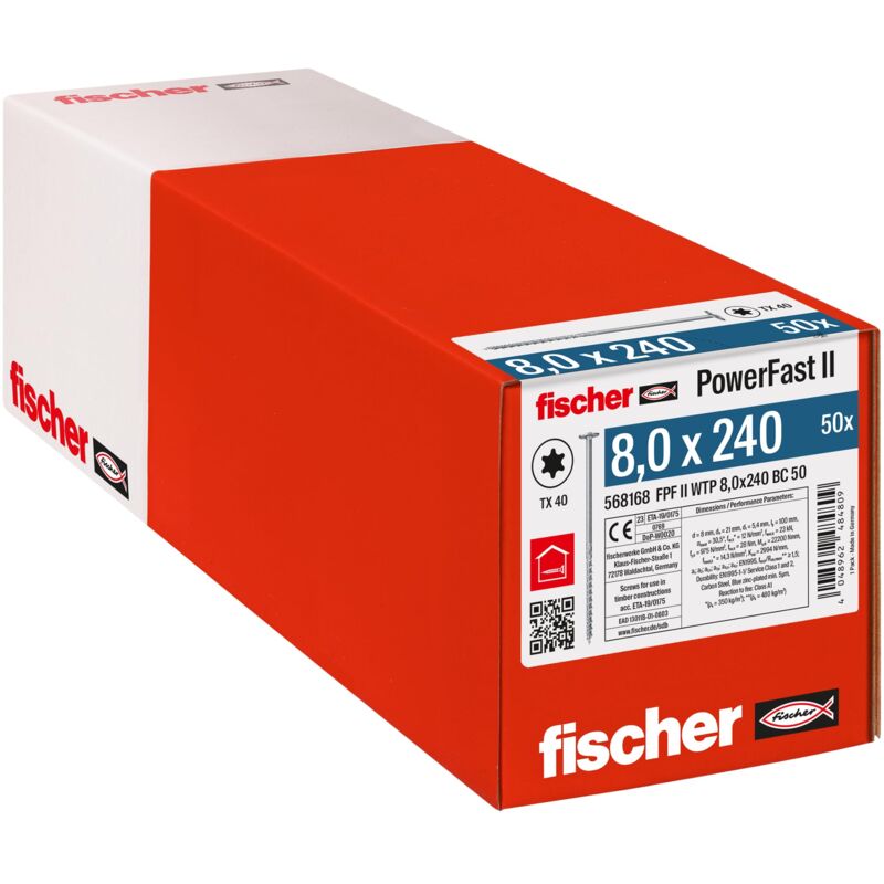 PowerFast ii 568168 - Vis à bois, 8,0 x 240, 50 pièces, couleur argent - Fischer
