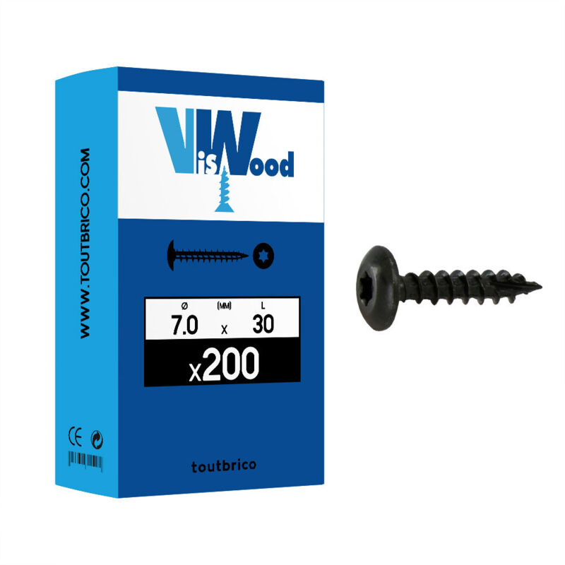 Vis de penture empreinte torx acier zingué noir entièrement filetées, diamètre 7 mm, longueur 30 mm, boîte de 200 vis Viswood