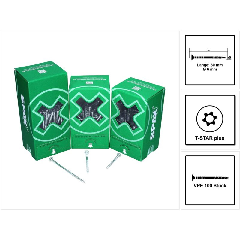 Vis d'ajustage, 6 x 80mm, 100 pièces, tête plate, t-star plus T30, rainures de maintien, 4CUT, wirox - 0161010600803 - Spax