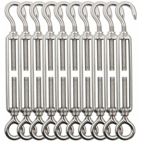 Vis de tension M5 avec crochet et œillet, lot de 10 tendeurs de câble en acier inoxydable, vis de tension réglables robustes pour fil de jardin, fil de clôture, suspension