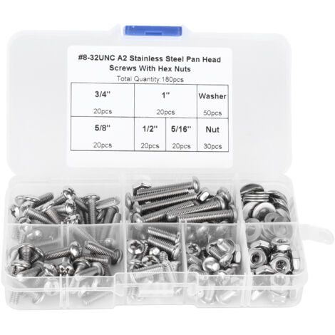 Vis en acier inoxydable 304 à tête cruciforme avec écrous hexagonaux et rondelles, kit de 180 pièces 8-32UNC