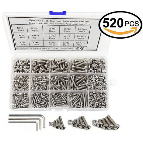 Vis et Ecrou M3/M4/M5 520PCS Kit Assortiment Vis Boulons Vis à Tête Cylindrique à Six Pans Creux Jeu de en Acier Inoxydable 304 avec écrous Rondelles