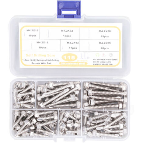 Vis Hex Autoperçants M4.2 304 Stainless Steel Haute Résistance - Ensemble de 115 vis avec joint pour garage et métal
