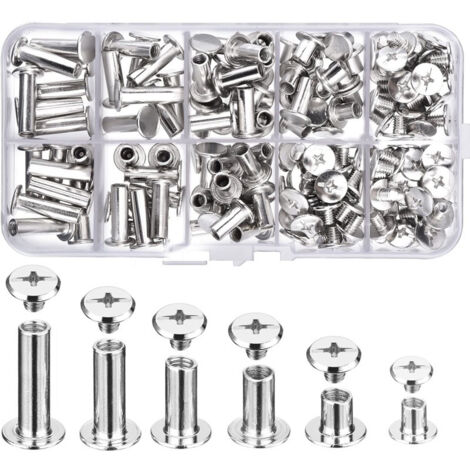 Vis, Kit Combo de vis Rivets Boutons en métal Garniture en cuir bricolage Reliure de livre Vis à goujon à tête plate ronde Une pièce