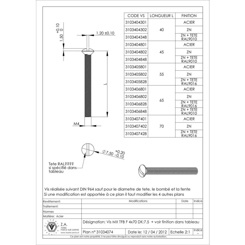 Vis métaux Tête fraisée bombée tfb Fendue M4X70 Diamètre de tête: 7.5 Bossage extérieur Acier zingué blanc-200 pièces