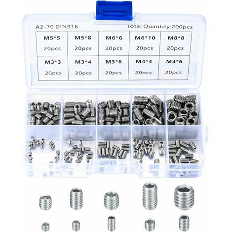 Vis Sans Tête en Acier Inox, M3 M4 M5 M6 M8 Vis à Métaux, Assortiment Kit de Fixations Vis Pointeau（200Pcs)