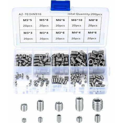 COSTJJ Vis Sans Tête en Acier Inox, M3 M4 M5 M6 M8 Vis à Métaux, Assortiment Kit de Fixations Vis Pointeau（200Pcs)-DPZO