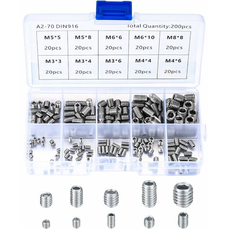 GRECQUEMYTH Vis Sans Tête en Acier Inox, M3 M4 M5 M6 M8 Vis à Métaux, Assortiment Kit de Fixations Vis Pointeau，Irisfr（200Pcs)