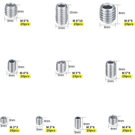 Vis sans tête en acier inoxydable A2, kit de fixation métallique M3 à M8 – 200 pièces, pointeau, résistant à la corrosion