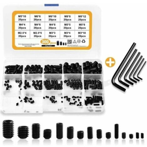 Vis sans tête hexagonales M2.5 M3 M4 M5 M6 M8, kit d'assortiment de vis à aiguille à six pans creux en acier au carbone avec entraî