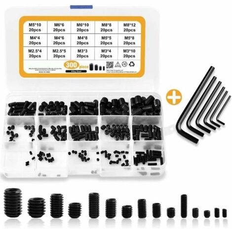 Vis sans tête hexagonales M2.5 M3 M4 M5 M6 M8, kit d'assortiment de vis à aiguille à six pans creux en acier au carbone avec entraî