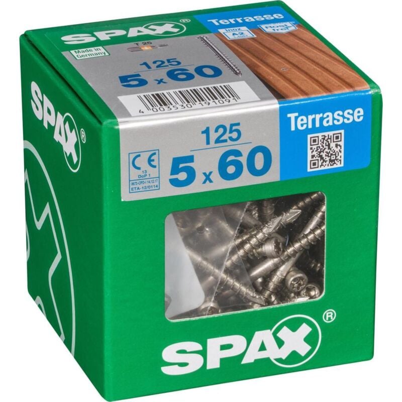 Vis de terrasse, 5 x 60 mm, 125 unités, Filetage de fixation, Tête cylindrique, t-star plus T25, Pointe cut, Acier inoxydable inoxydable A2