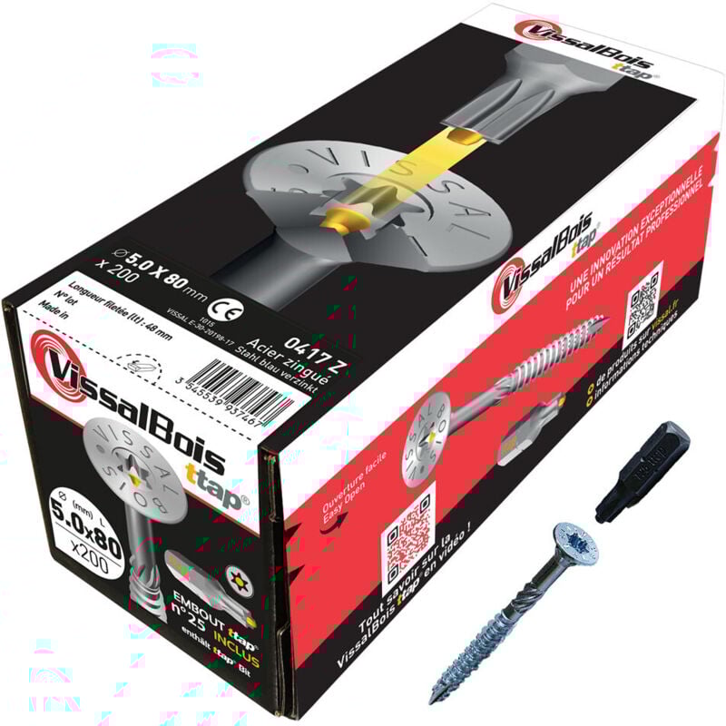 Vis spéciale bois Vissal Bois zinguée tête fraisée tx 5,0 x 80 mm (boite de 200 vis TX25)