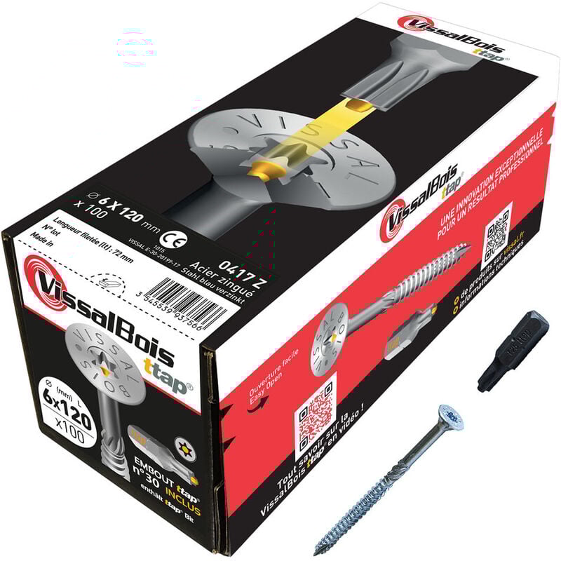 Vissal - 100 vis bois ttap 6x120mm filetage asymétrique zingué