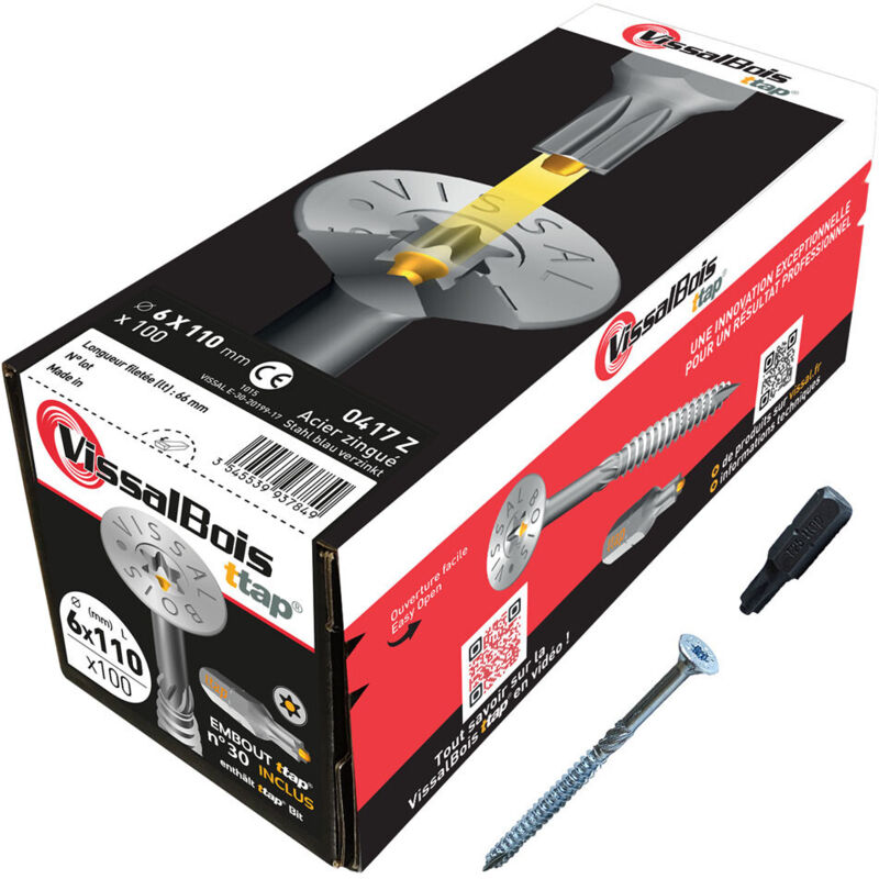 Boite de 100 vis agglo zinguées à filetage partiel torx/ttap ailette 80 à 200mm - diam 6 mm - 110/66