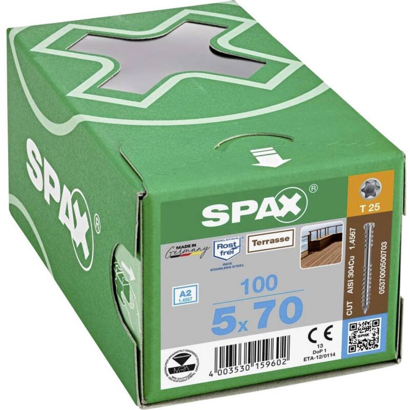 Vis terrasse bois résineux Double filetage Tête cylindrique réduite Torx® T-STAR plus T25 Pointe CUT Inox A2 - 5 x 70 mm en boîte de 100 pièces - SPAX
