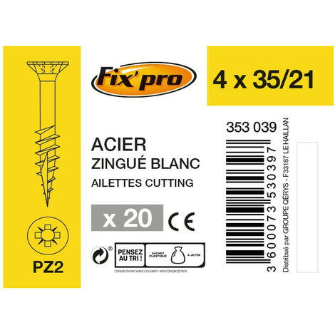 Vis Tête Fraisée Embout Pozidriv 4,0x35 / 20 Pièces - Fixpro