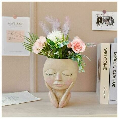 Visage Pot De Fleur, Pot De Plante Succulente En Résine Pot De Fleur Créatif Vase À Tête Humaine Avec Trou De Drainage (Yeux Fermés)