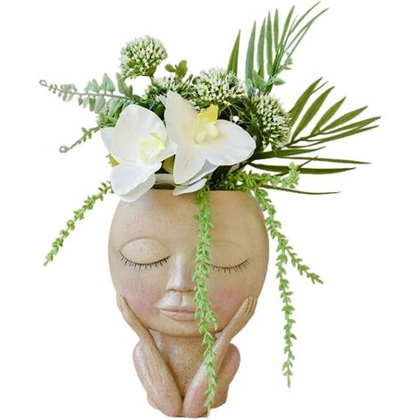Visage Pot de Fleur, SL.GT Pot de Planteur Succulent Résine Pot de Fleur Créatif Vase de Tête Humain avec Trou de Drainage(Closed Eyes)