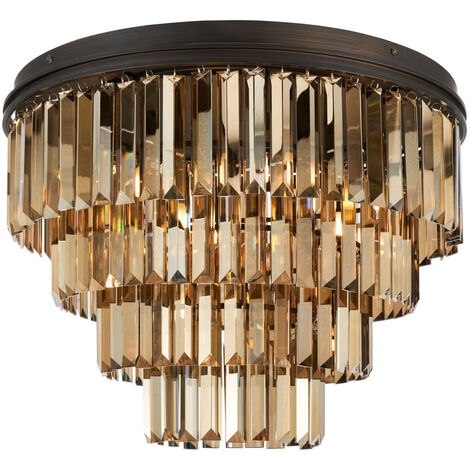 Visconte Ingot Ceiling Light Flush With 4 Tier Crystal Effect Shade - Bronze