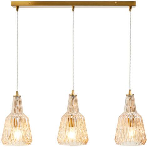 Visconte Mikael Ceiling Pendant Bar Faceted Glass Shaded 3 Light - Satin Brass, Champagne Tinted