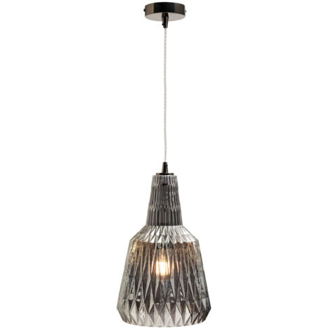 Visconte Mikael Ceiling Pendant Faceted Glass Shaded 1 Light - Black Chrome, Smoke Tinted