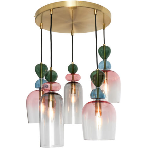 Visconte Vietri Ceiling Pendant 5 Light With Multi Coloured Glass Shades - Brass