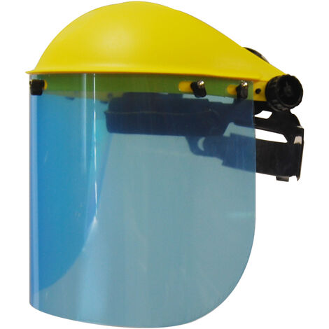 Visière de protection professionnelle à écran plastique polycarbonate relevable. Réglage du tour de tête par crémaillère. Norme EN166 B