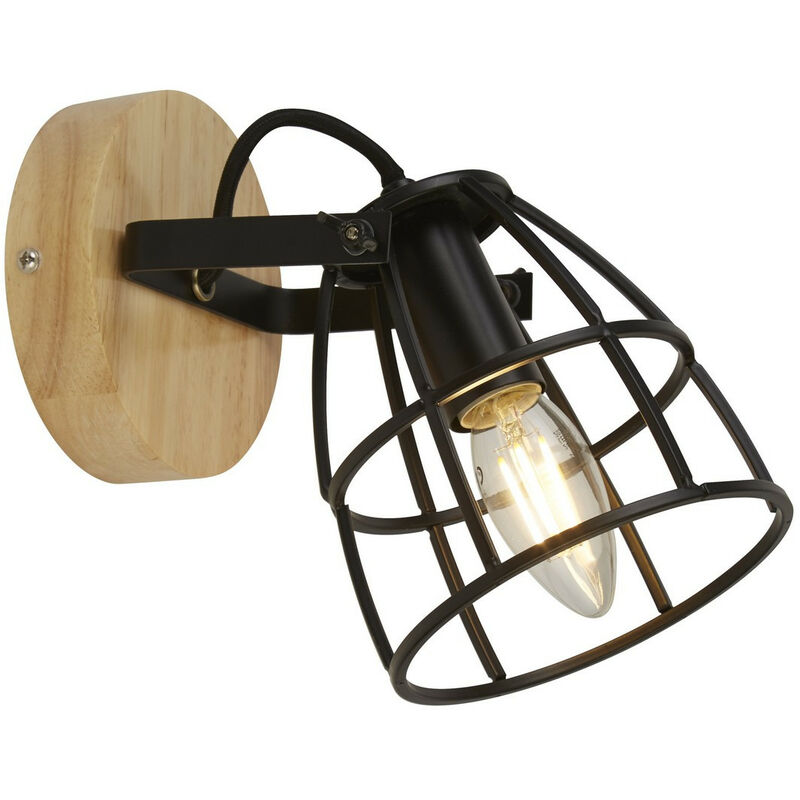 Image of Searchlight - Vision Lampada da parete rotonda Cage, nero opaco e legno