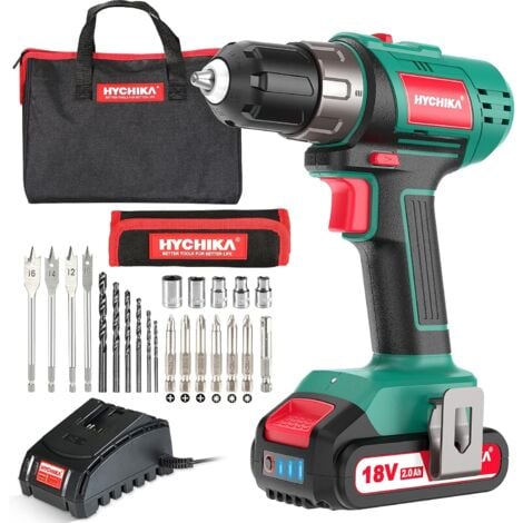 Visseuse Devisseuse Sans Fil 18V/20V, HYCHIKA 2000mAh Perceuse Visseuse Sans Fil, 35 Nm Percussion Sans Fil, 21+1 Réglages de Couple & 2 Vitesses, 1H Chargeur Rapide, LED Intégrée, 22 Accessoires