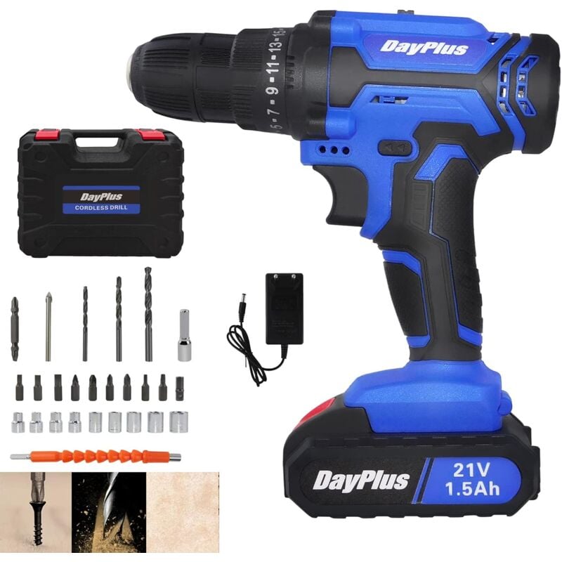 Lucn - Visseuse Devisseuse Sans Fil 21V, 1500mAh Perceuse Visseuse Sans Fil, 45 Nm Percussion Sans Fil, 25+1 Réglages de Couple & 2 Vitesses, 1H