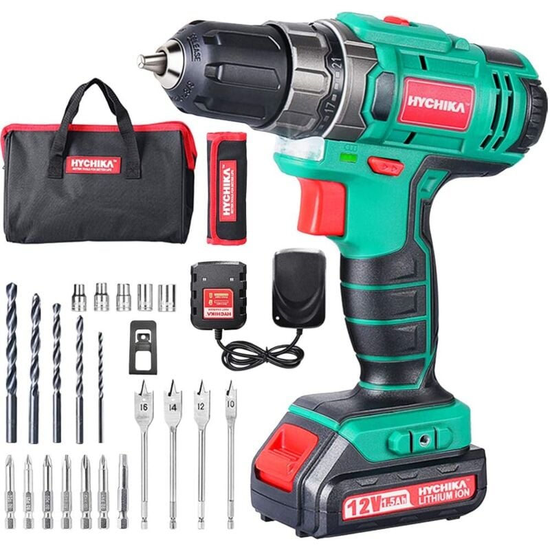Visseuse Devisseuse Sans Fil Hychika 12V Perceuse Visseuse Sans Fil 30N.m couple Max, 6x Forêt Hélicoïdaux, 6x Embouts de Vis, 5x Clés à douille, 4x