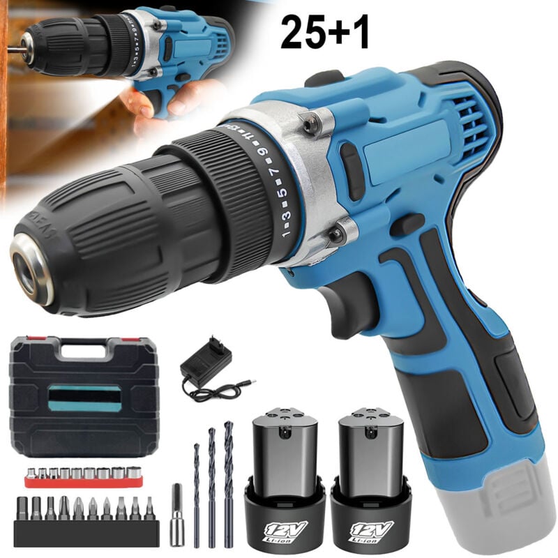 Visseuses sans fil, Kit de perceuse-visseuse combinée sans fil 12 v, 2 batteries 3,0 a, 25+1, 35 N.m, led, pour percer les murs, les briques, le