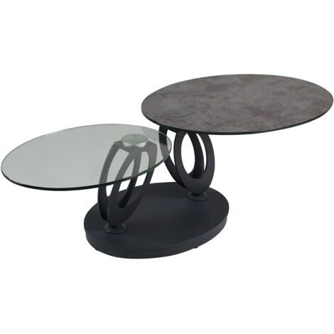 VITAK - Table Basse Ovale Plateaux Verre et Céramique Gris