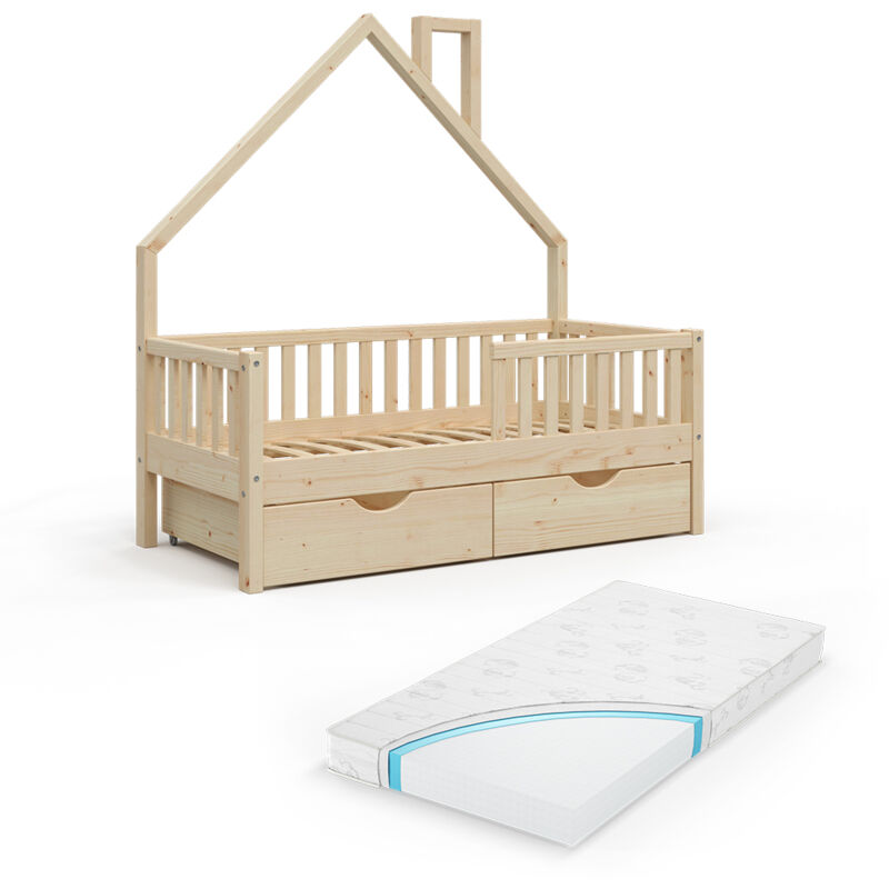 Vitalispa - Lit cabane Noemi, Naturel bois, 80x160 cm avec 2 tiroirs et matelas