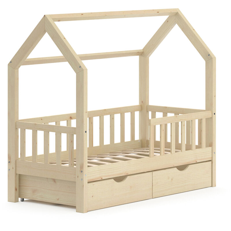 Lit cabane Wiki, Naturel bois, 70x140 cm avec 2 tiroirs, Vitalispa