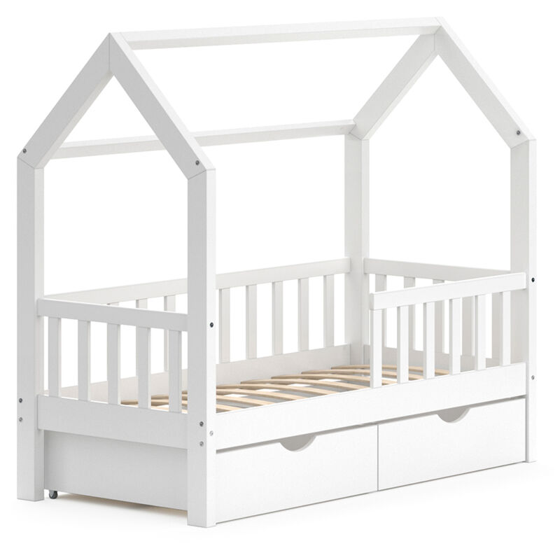 Lit cabane Wiki, Blanc, 70x140 cm avec 2 tiroirs Vitalispa