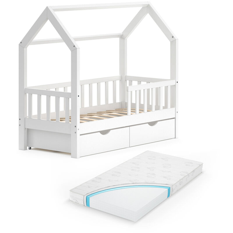 Vitalispa - Lit cabane Wiki, Blanc, 70x140 cm avec tiroirs et matelas