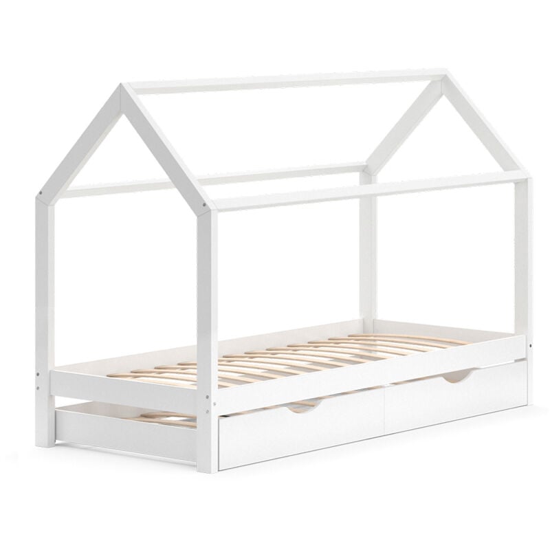 Lit cabane Wiki, Blanc, 90x200 cm avec lit d'appoint Vitalispa