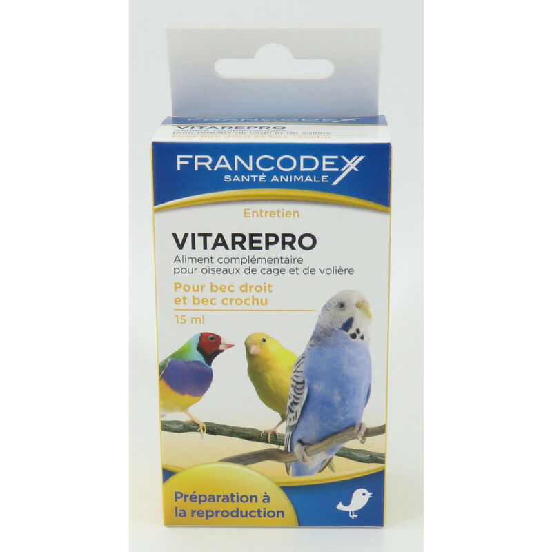 

Vitarepro 15 ml . Alimento complementario para las aves de jaula y las aves de corral.