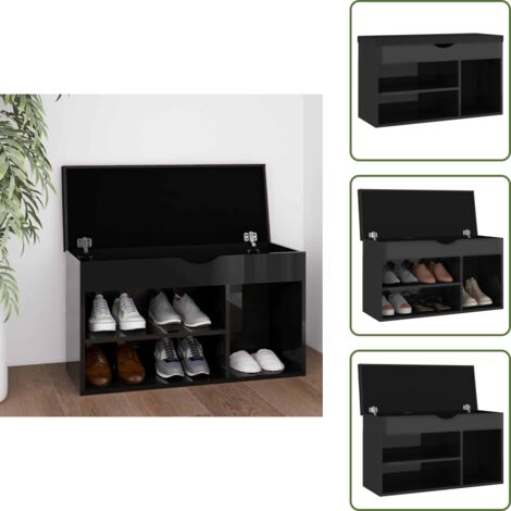 viThe Living Store Banco zapatero con cojín madera de ingeniería negro brillo - Banco con cojín