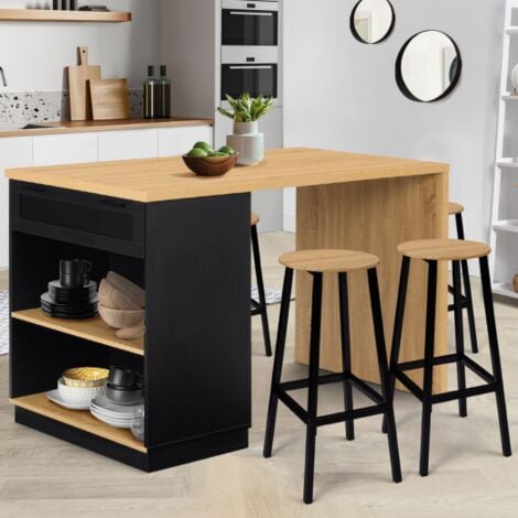 VITO 130 cm negro isla central de 4 plazas con encimera de madera