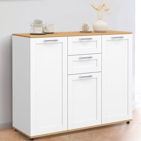 IDMARKET VITO Aparador de 100 cm con 3 puertas y 2 cajones blancos y tapa de madera