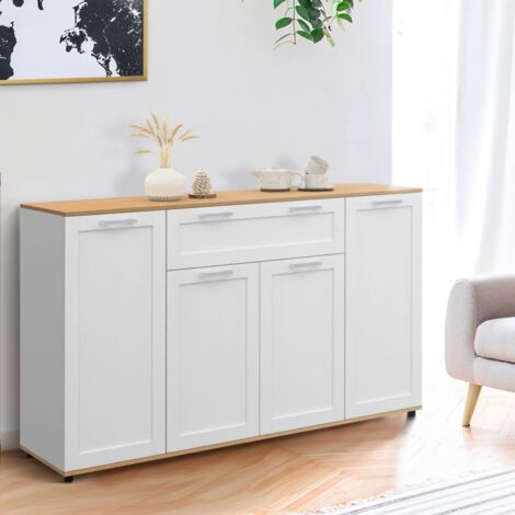IDMARKET VITO Aparador de 140 cm con 4 puertas y 1 cajón, blanco y madera