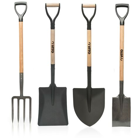 Vito – Pack de 4 outils de jardin en acier trempé – Manche en bois ergonomique – Fourche, pelle carrée, pelle ronde, bêche – Pour sols caillouteux
